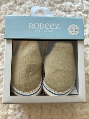 Robeez Beige Canvas Slip-On Baby Shoes with Blue Trim